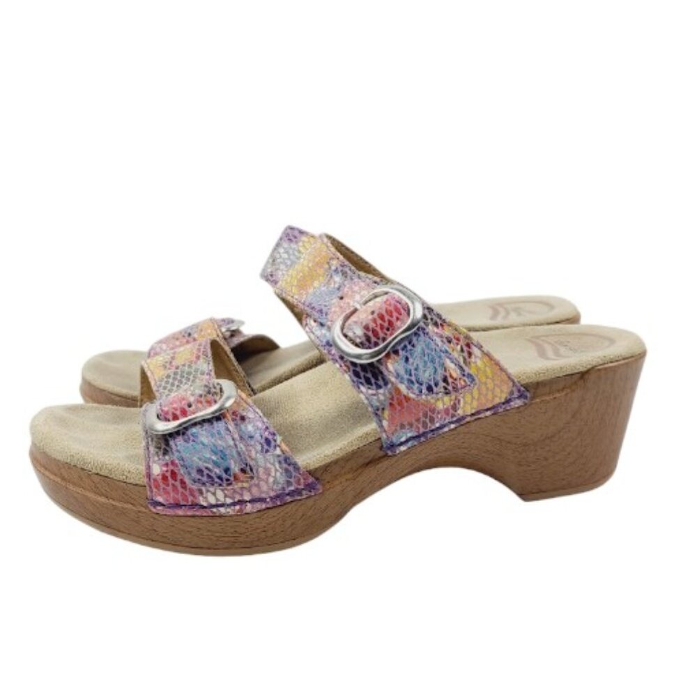 Dansko Women's Purple Sophie Floral Leather Block Heel Slide Sandal Size 8